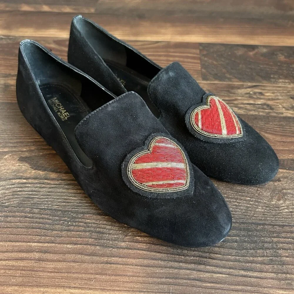 Michael Kors Women's Natasha Loafer Shoes Size 6 M Black Suede Leather Heart EUC